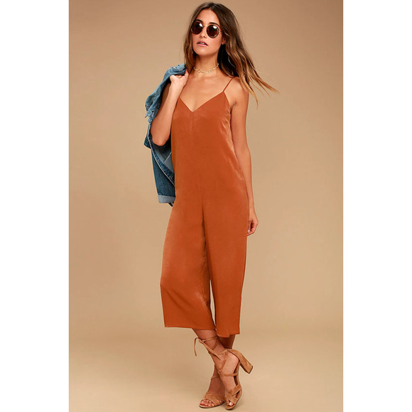 Lulus Jumpsuit Small Rust Orange Elisa Midi Wide Leg Cropped Sleeveless Satin - Picture 8 of 12